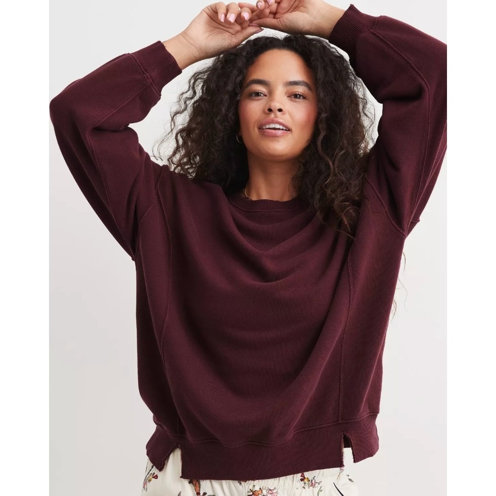 AE Aerie Oversized‎ Burgundy Washed Crewneck Sweatshirt Relaxed Fit Size XXS